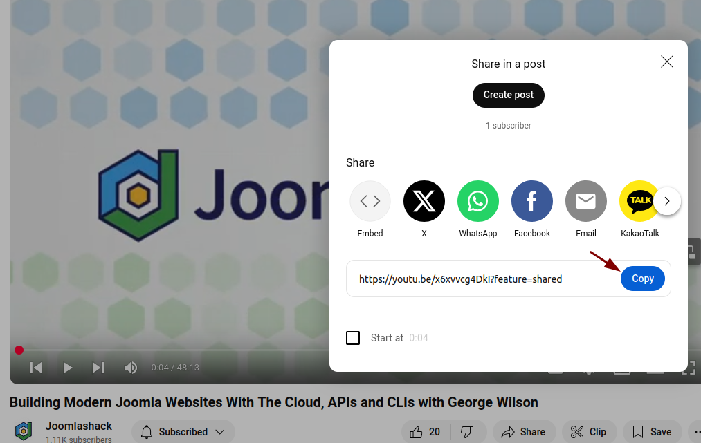 the copy button of the share url