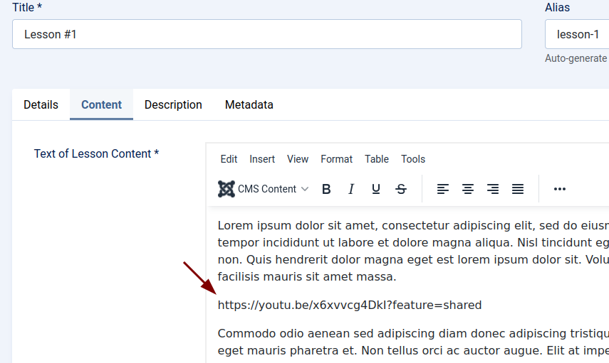 the share url in the lesson text