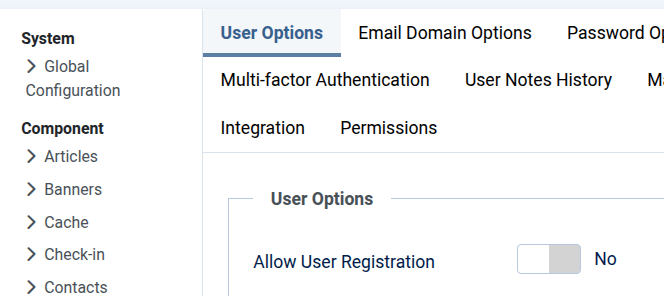 Joomla 6 Users Options screen showing Allow User Registration set to Yes