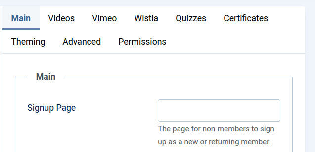OSCampus Main options tab showing an empty Signup Page field