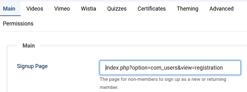 OSCampus Signup Page field containing the Joomla registration URL