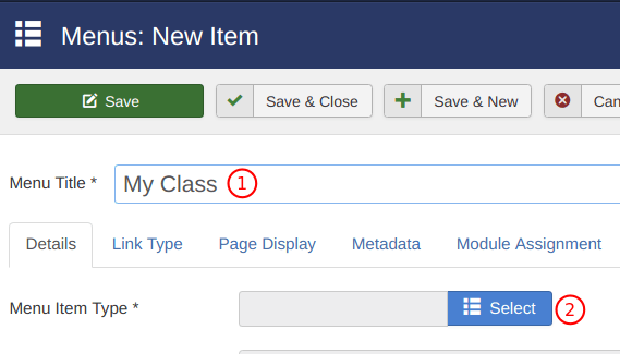 Menu Title field and Select button