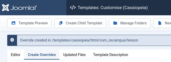 the template override created message