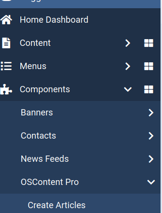 the create articles menu