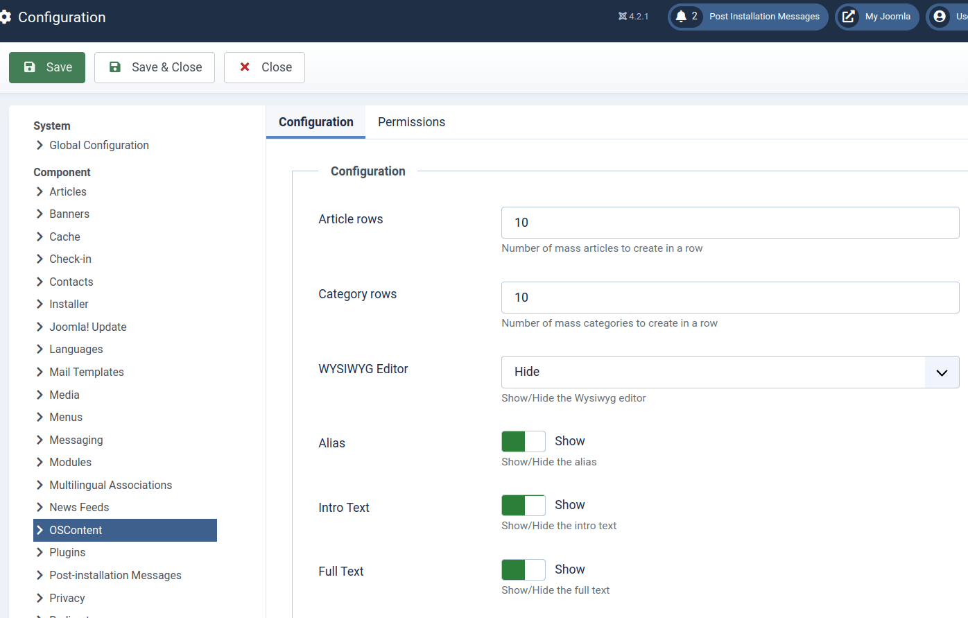 the oscontent global configuration options