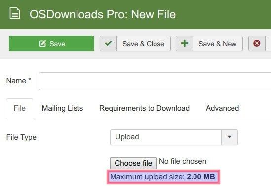 maximun upload size limit in osdownloads