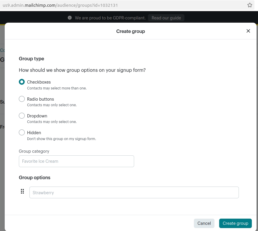the create group modal box