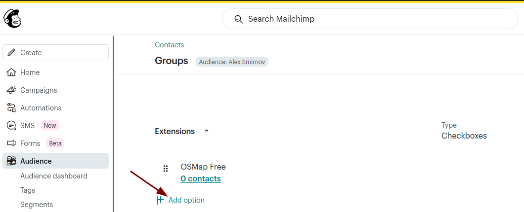 the newly created group and its option listed