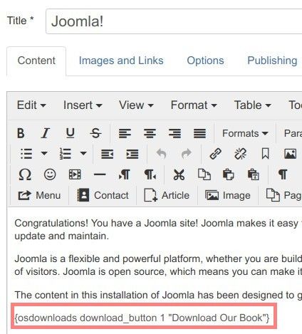 the download tag embedded in a Joomla article