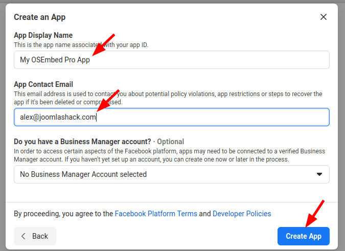 fill in name and email and click create app