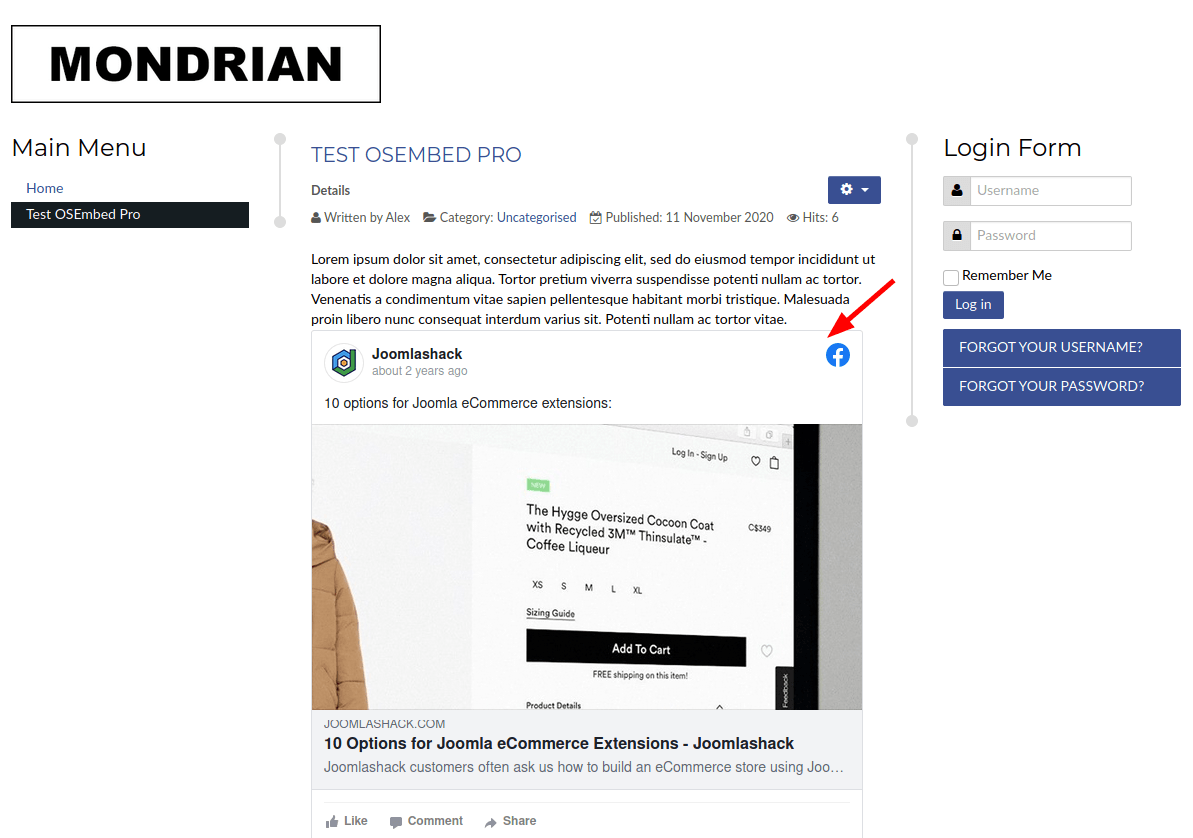 final result with facebook post embedded