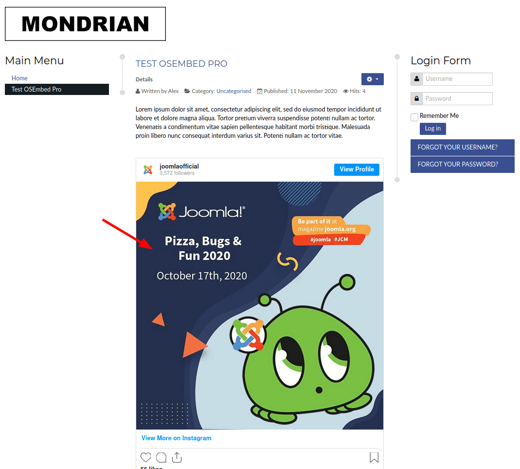 final result with instagram post embedded