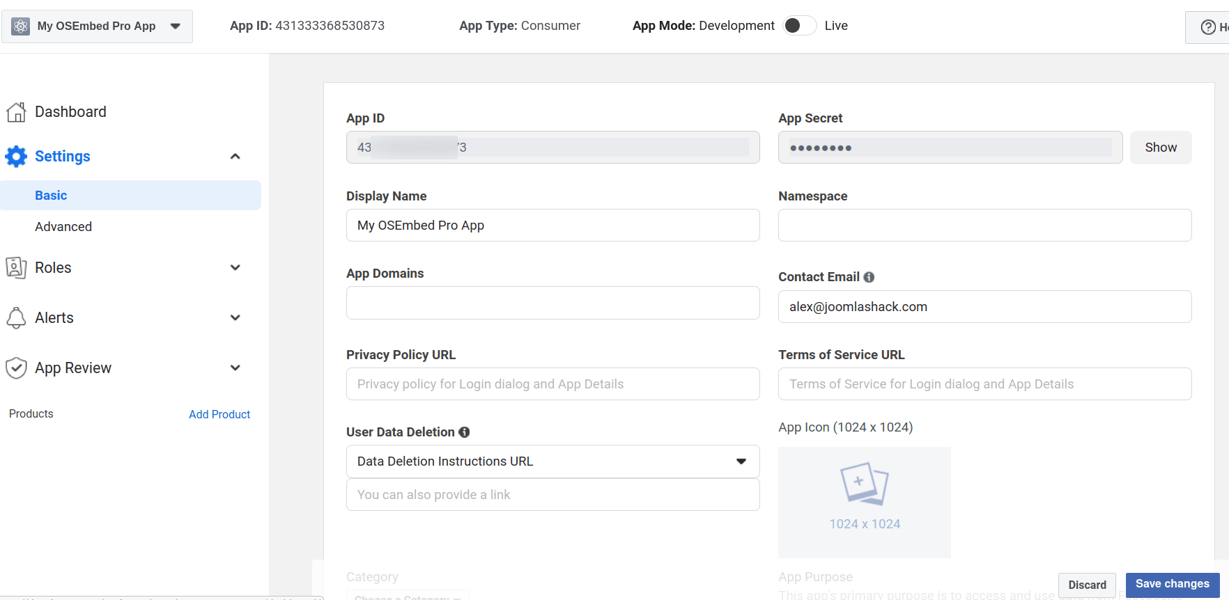 screen with the basic settings