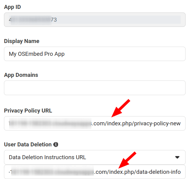 enter the privacy policy and user data deletion urls
