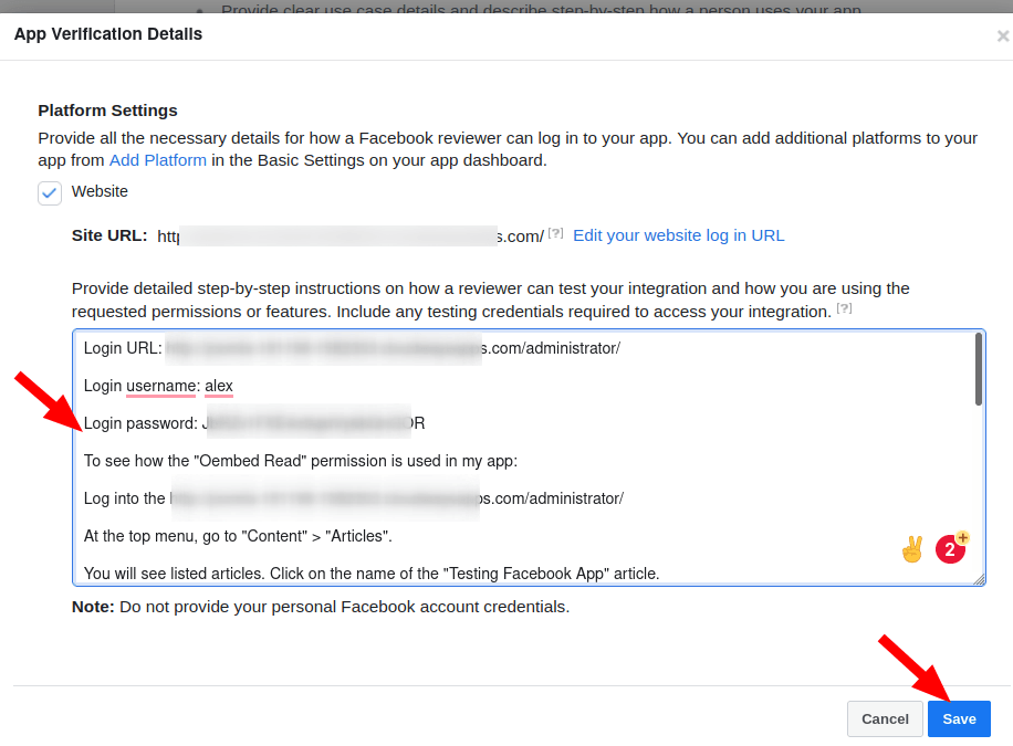 enter testing instructions for facebook reviewers