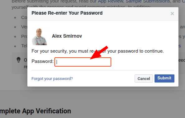 enter facebook password and click submit
