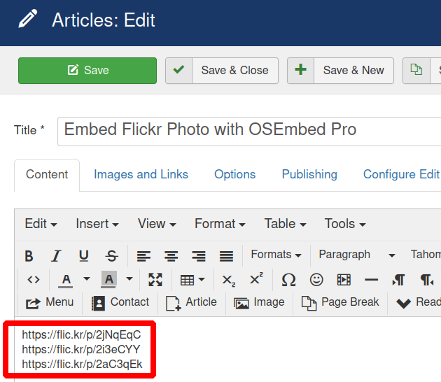 urls of flickr photos embedded in a joomla article