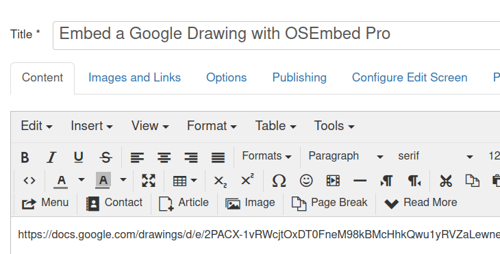 a url of a google drawing copied in a joomla article
