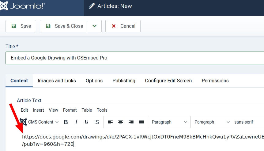 a url of a google drawing copied in a joomla article
