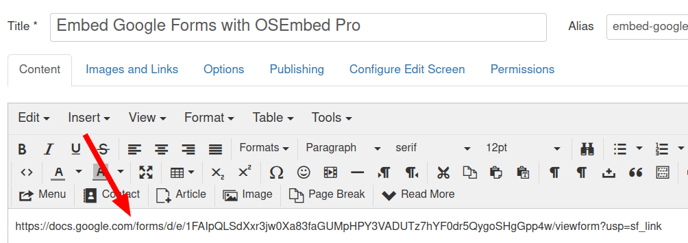 a google form embed url copied in a joomla article
