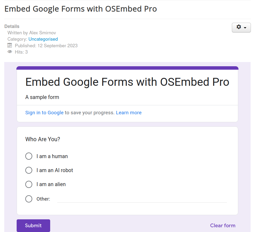 joomla site displaying a google form embeded with osembed pro