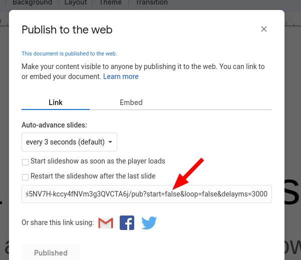 the embed url of a google slides presentation