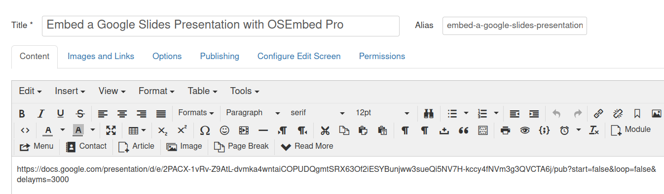 the embed url of a google slides presentation copied in a joomla article