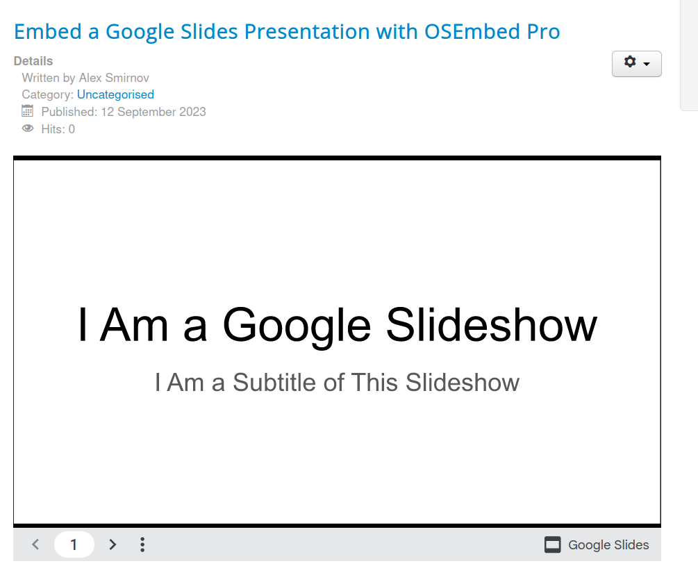 the google slides presentation displayed by a joomla article