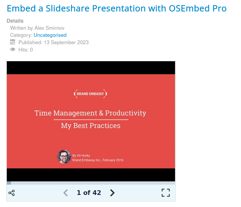the slideshare embedded with osembed pro in a joomla article displayed at the front end of the website