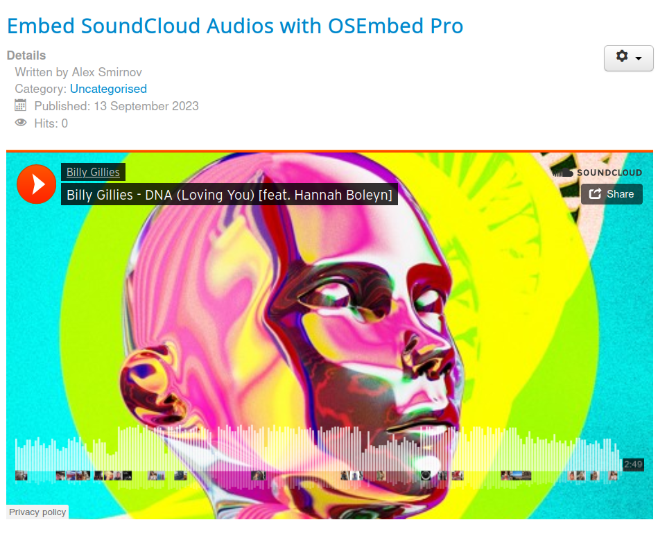 the embedded soundcloud audio displayed by the front end of the website