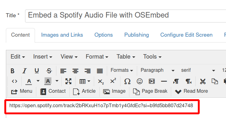 the url of a selected spotify audo copied in a joomla article