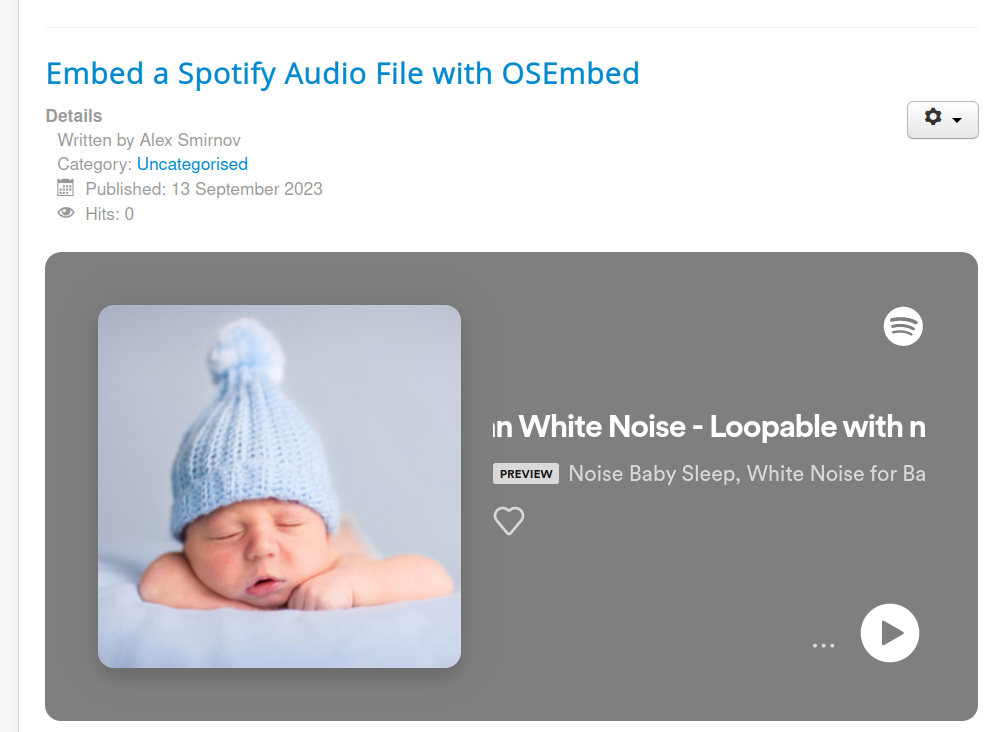 the spotify audio embedded in a joomla site with osembed extension