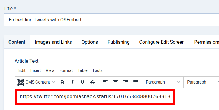 the url of the tweet post copied in a joomla article