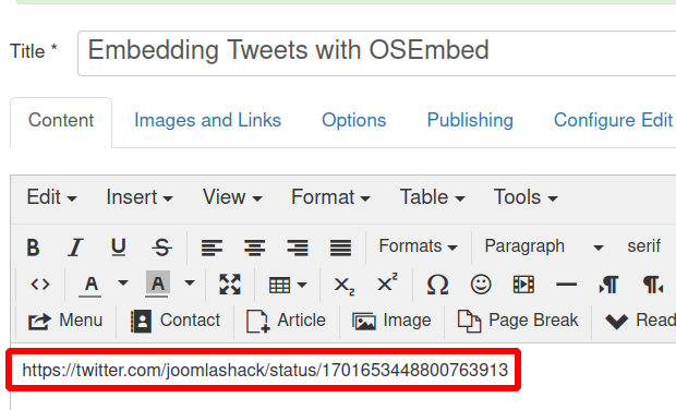 the url of the tweet post copied in a joomla article