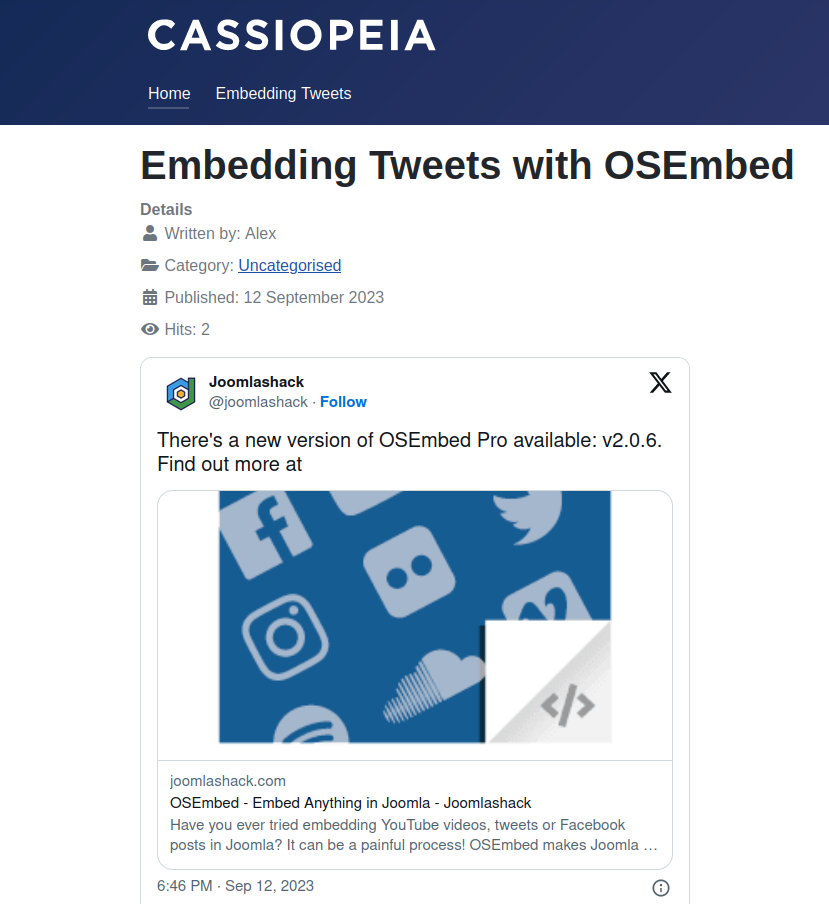 joomla website displaying the tweet post embedded with osembed extension