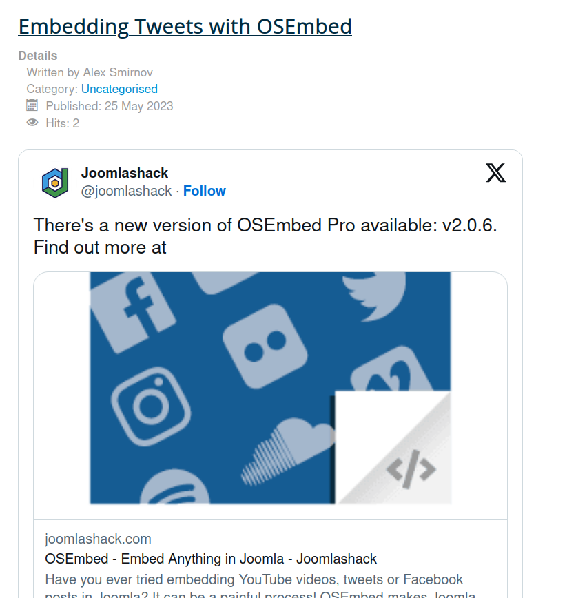 joomla website displaying the tweet post embedded with osembed extension