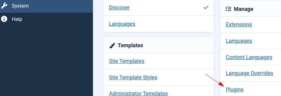 The System > Manage > Plugins link