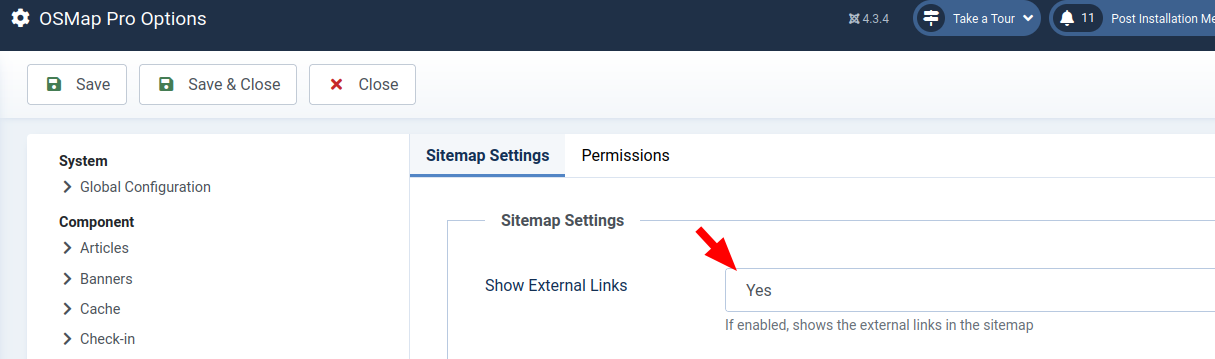 The "Show External Links" parameter set to Yes