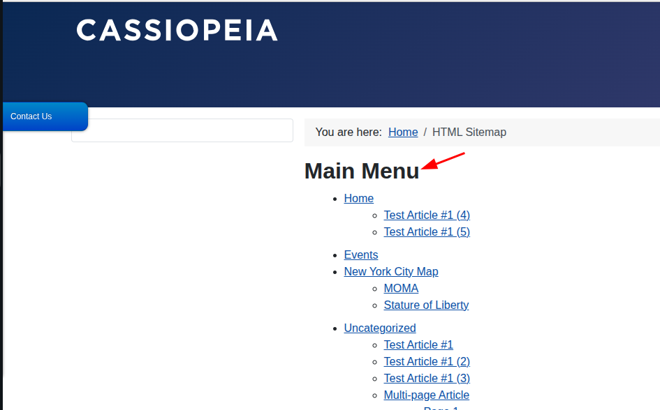 The Main Menu title displayed in the HTML sitemap