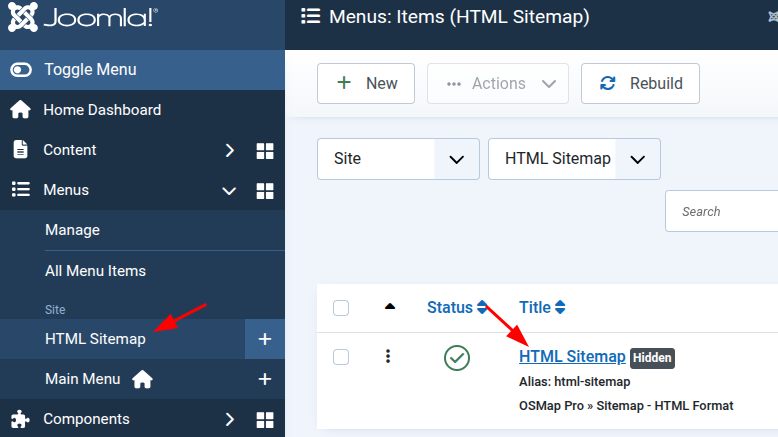 New menu created for the HTML sitemap menu item