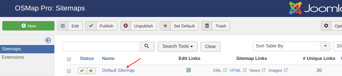 Default sitemap created out of the box