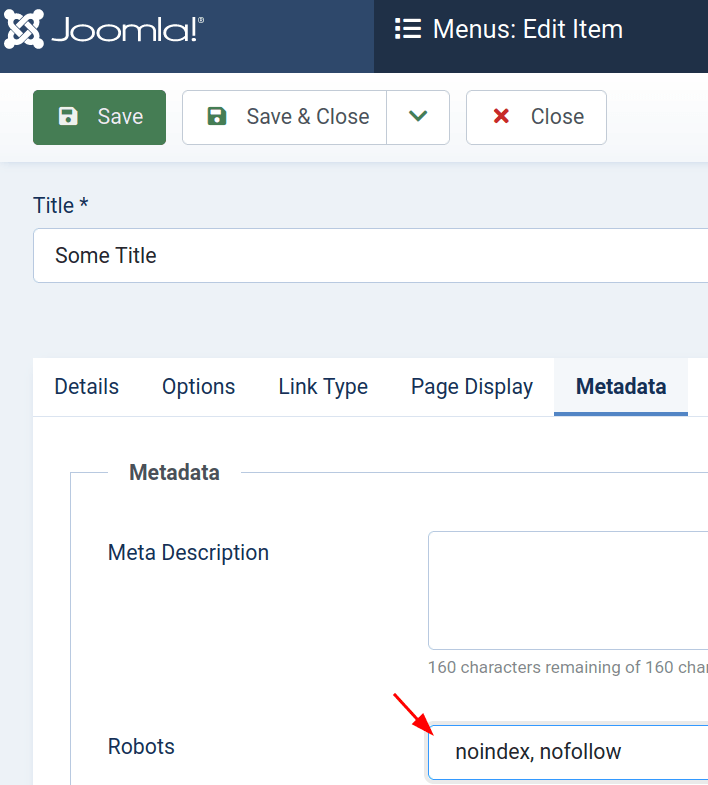 noindex nofollow setting of a menu item