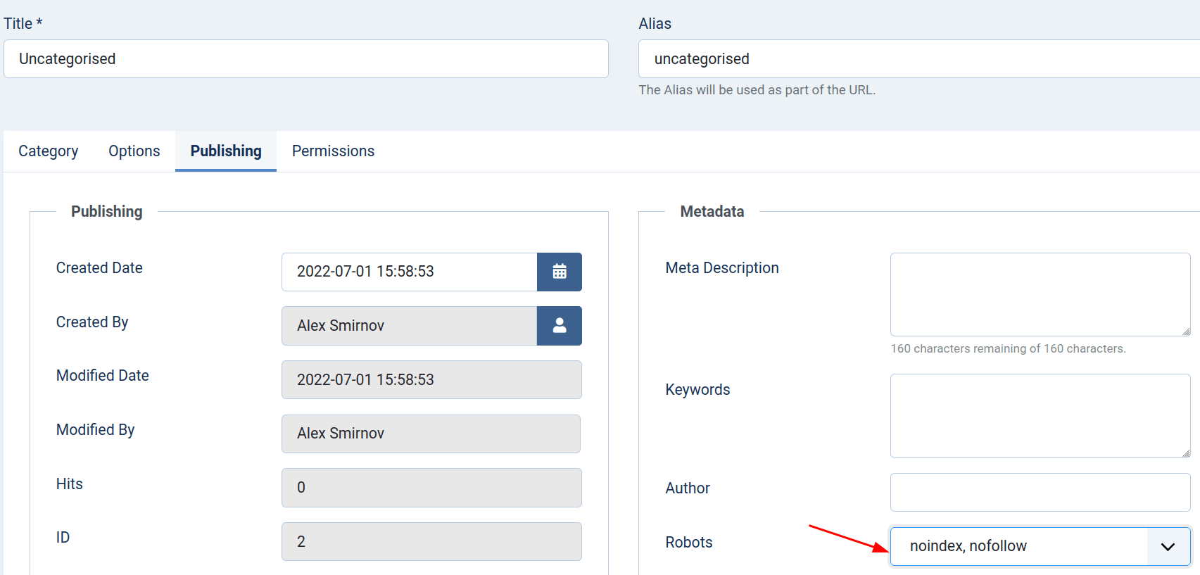 noindex nofollow for joomla categories