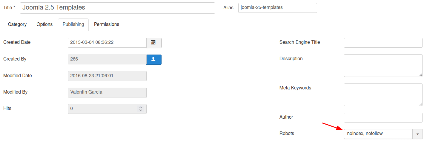 noindex nofollow for joomla categories