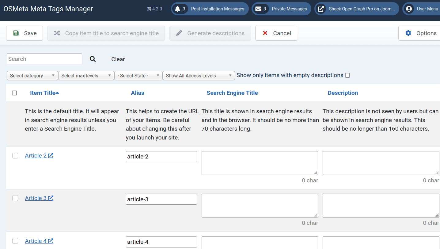 the osmeta meta tags manager screen