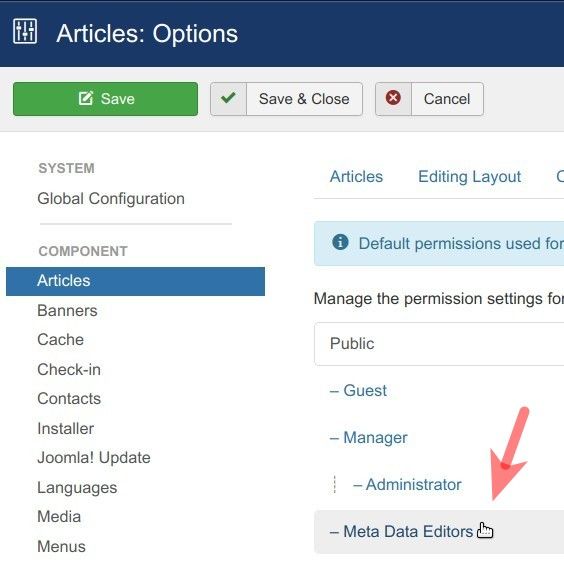 click on the meta data editors group