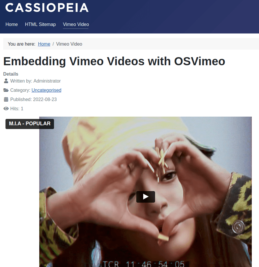 the vimeo video embeddin in joomla 4 article displayed on the site