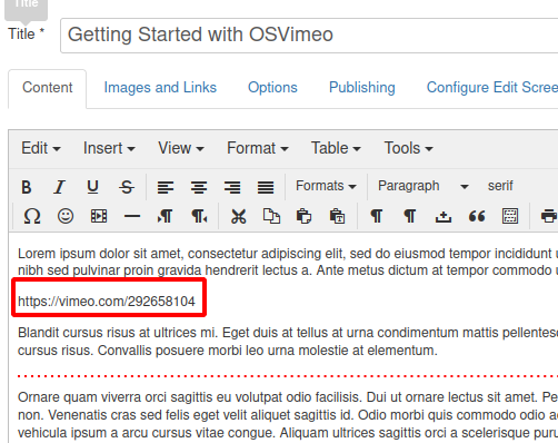the url of a vimeo video copied in a joomla article