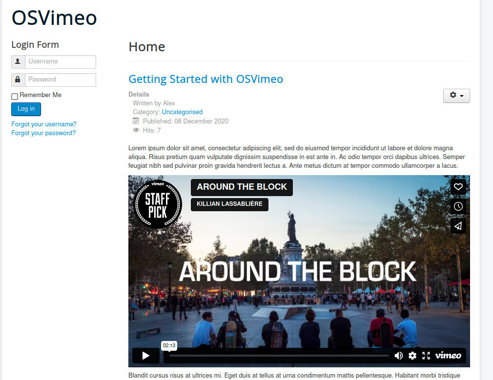 joomla website displaying a vimeo video embedded with osvimeo