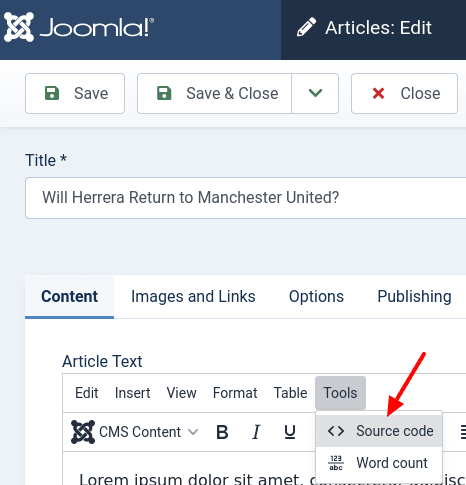 in Joomla 5 in tinymce editor go to tools then source code